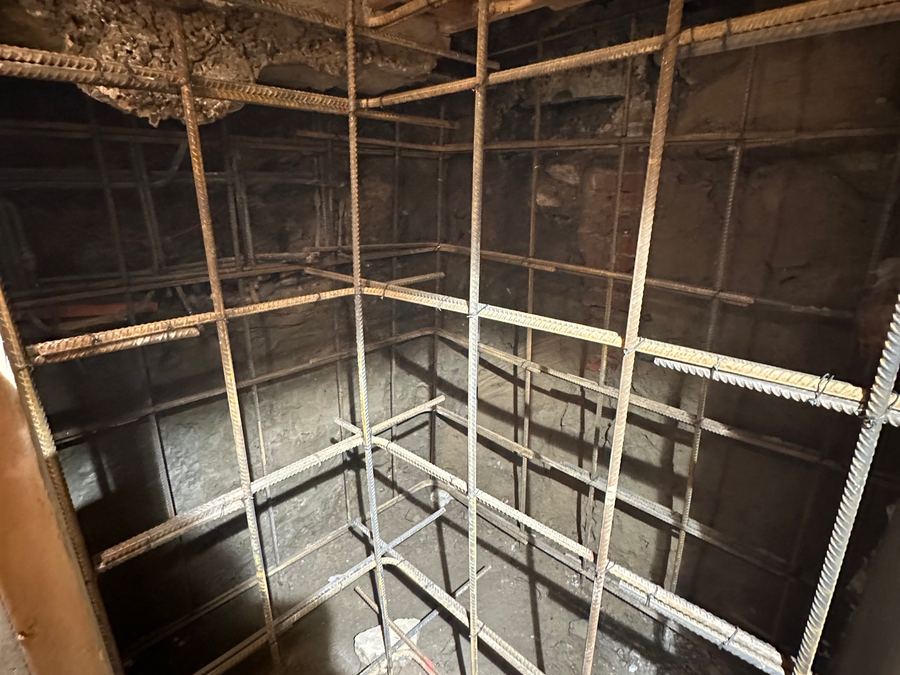 Rebar cage set for underpinning beneath a downtown Toronto building